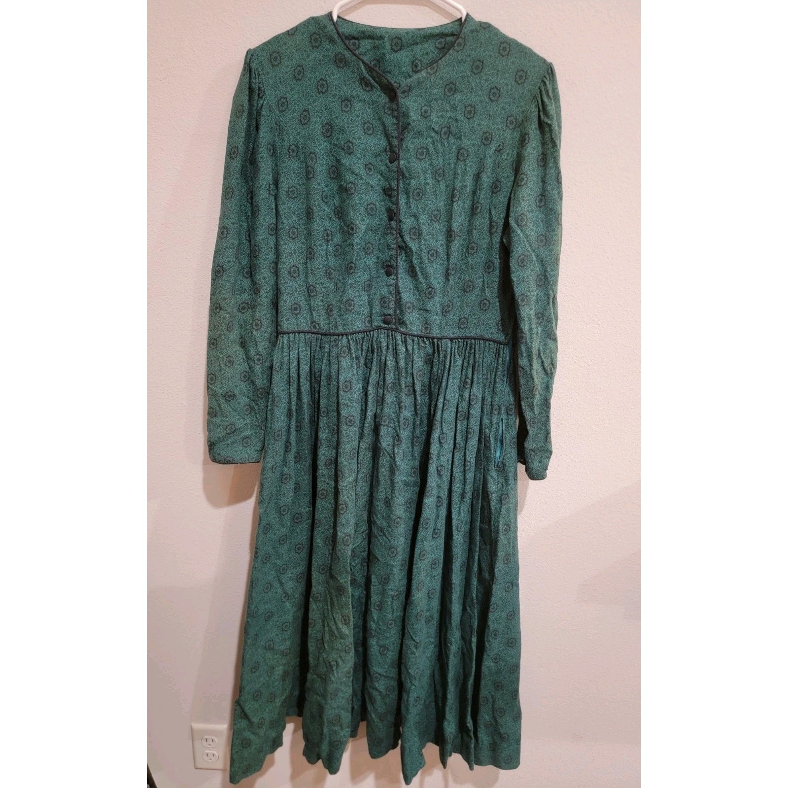 Laura Ashley Great Britain Vtg Long Midi Dress Wool Cotton Green Blue Sz 12